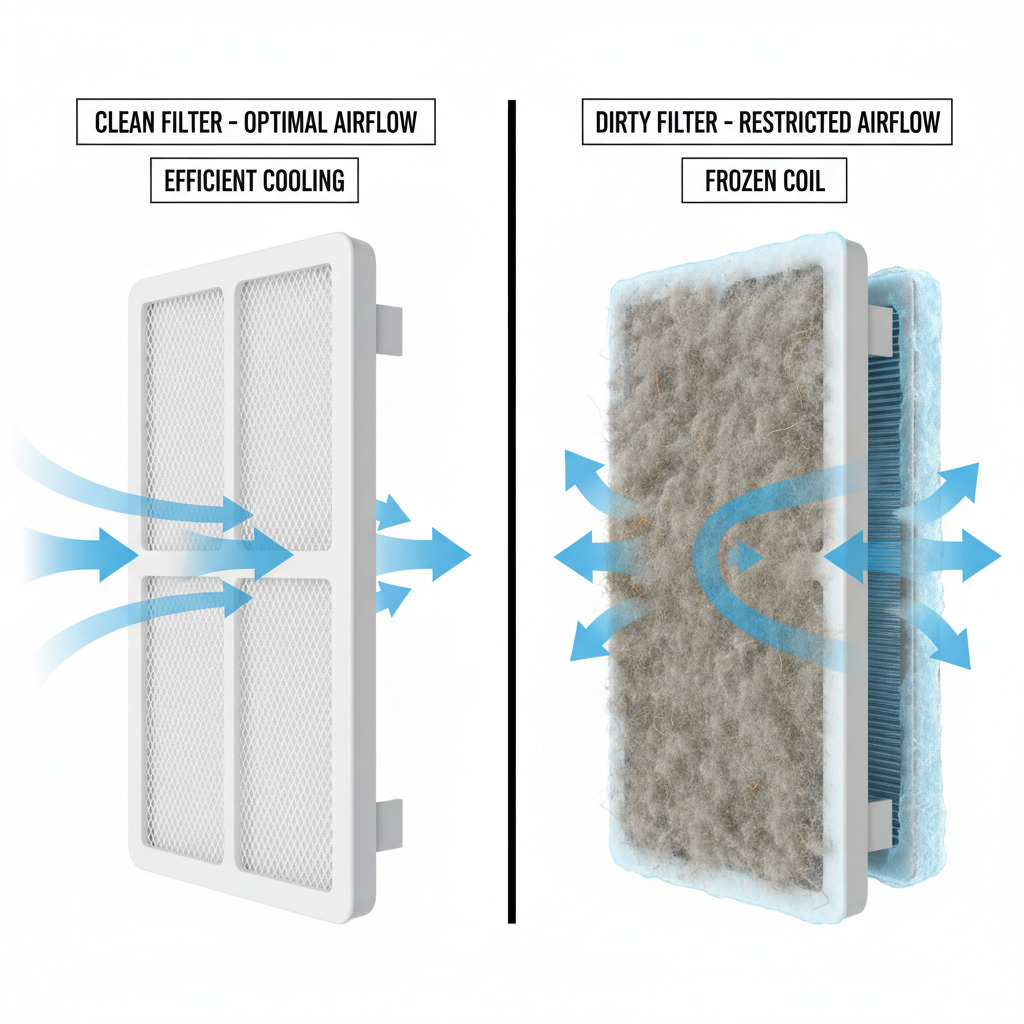 Diagram showing how dirty filters block airflow and cause frozen evaporator coils