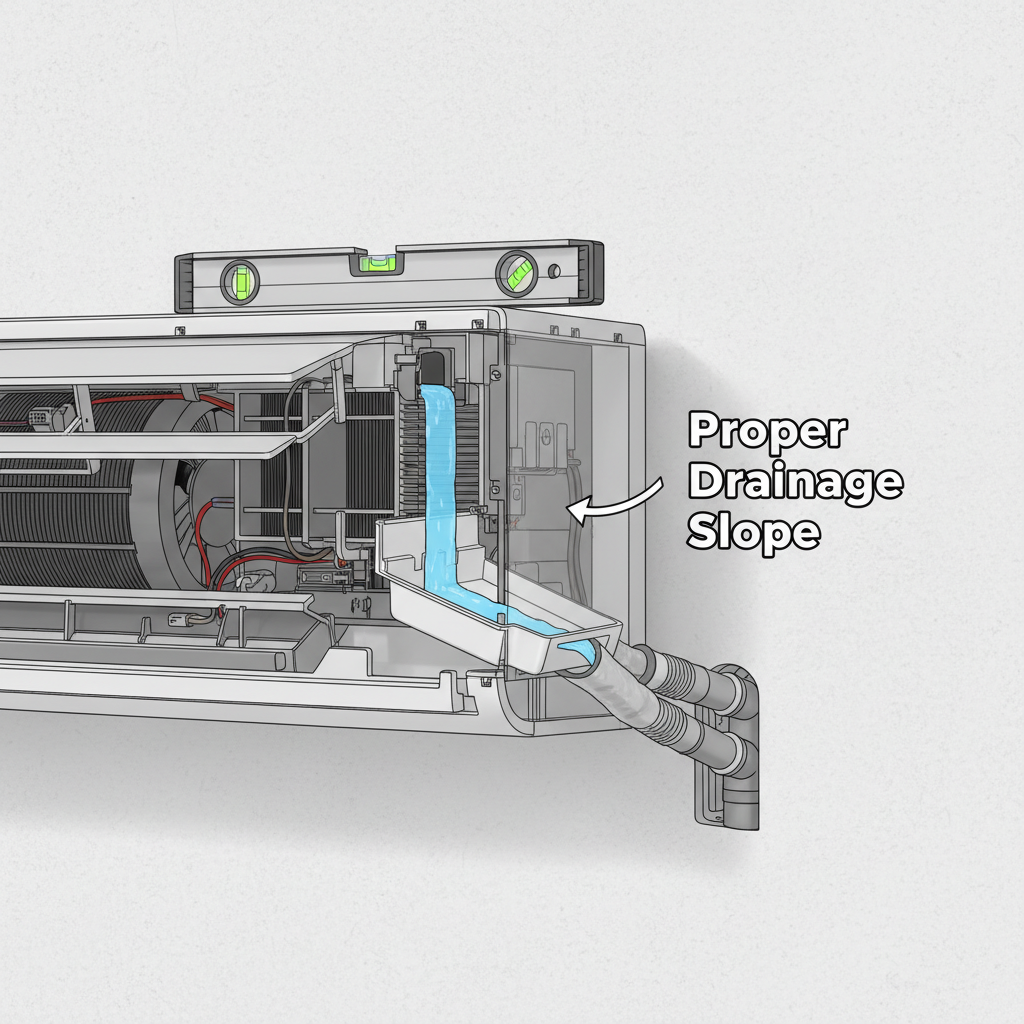 Illustration of proper mini split installation tilt for drainage
