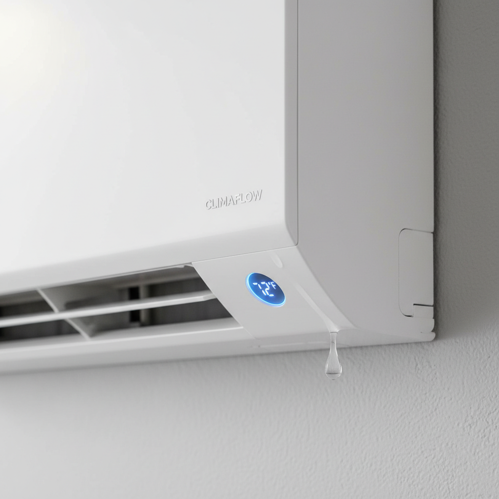 Water droplet dripping from the bottom of a white mini split indoor unit